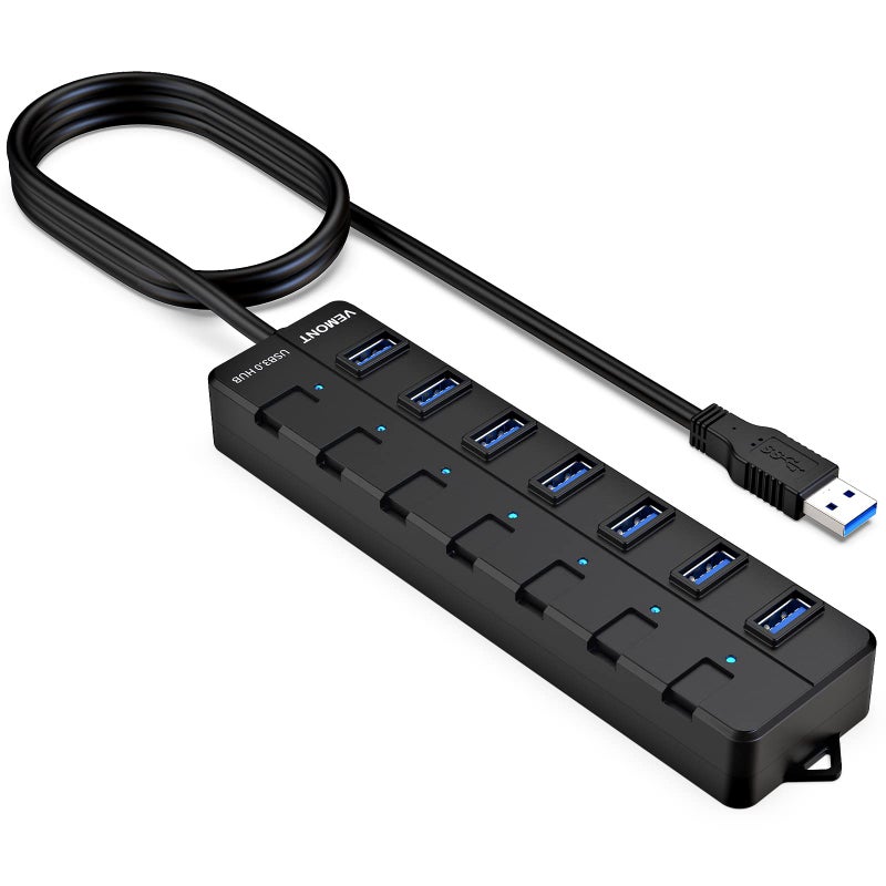 Vemont USB hub,7 Port USB 3.0 Hub,VEMONT USB Splitter with Individual On/Off Switches and Lights, 4ft/1.2m USB HUB Long Cable, USB Extension for Laptop and PC Computer - Image 1